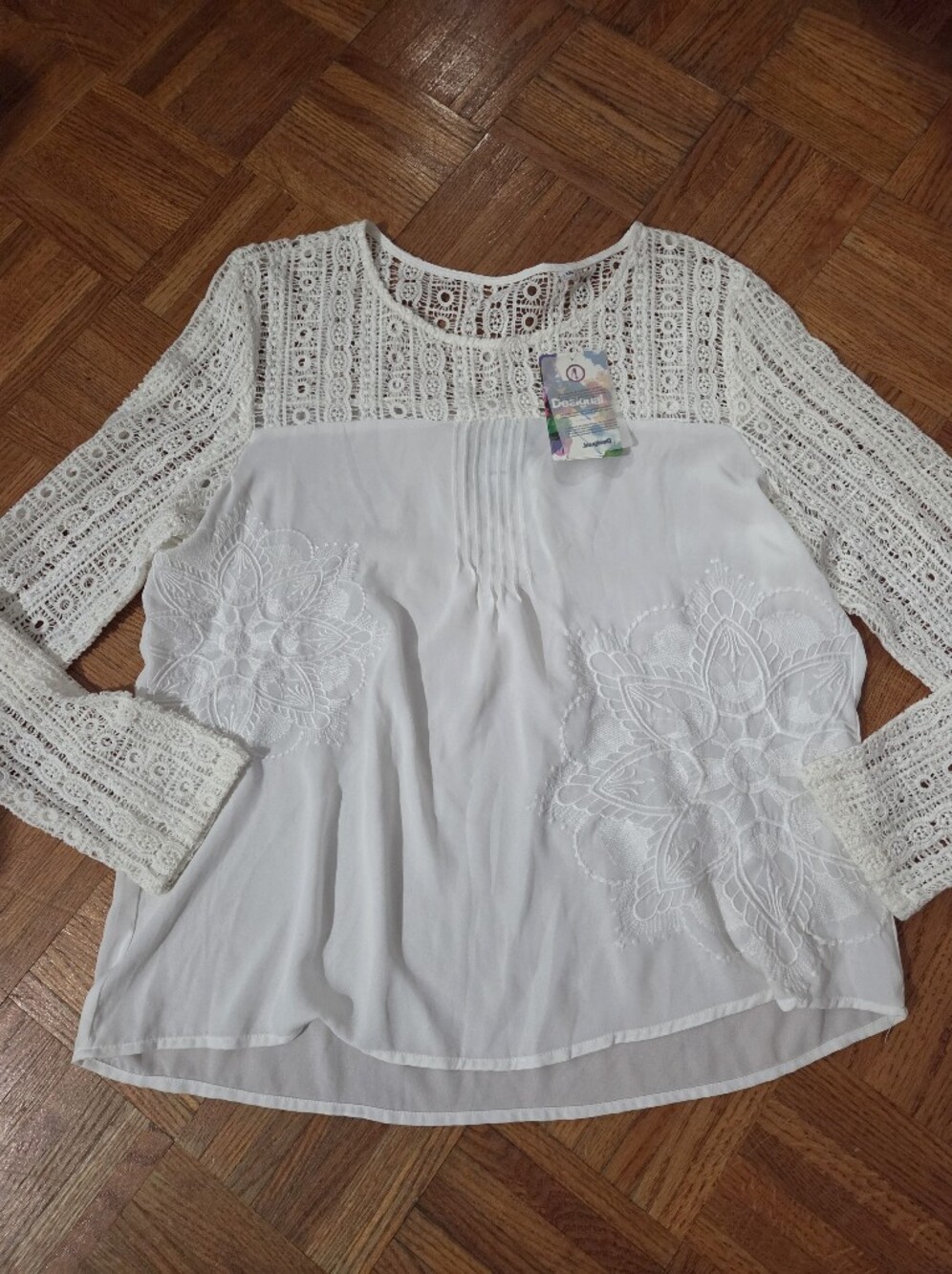Desigual Women's White Lace Sleeve Blouse